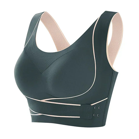 Adjustable buckle front sports bra, wireless, padded and comfortable, ideal for gym, yoga or low intensity fitness training.